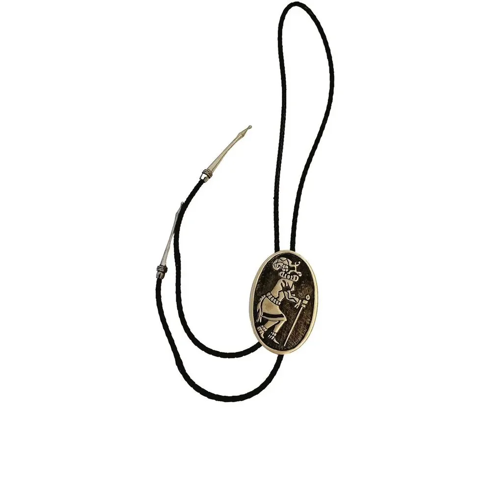 Vintage Pewter Metal Leather Native Dancer Silhouette Bolo Tie